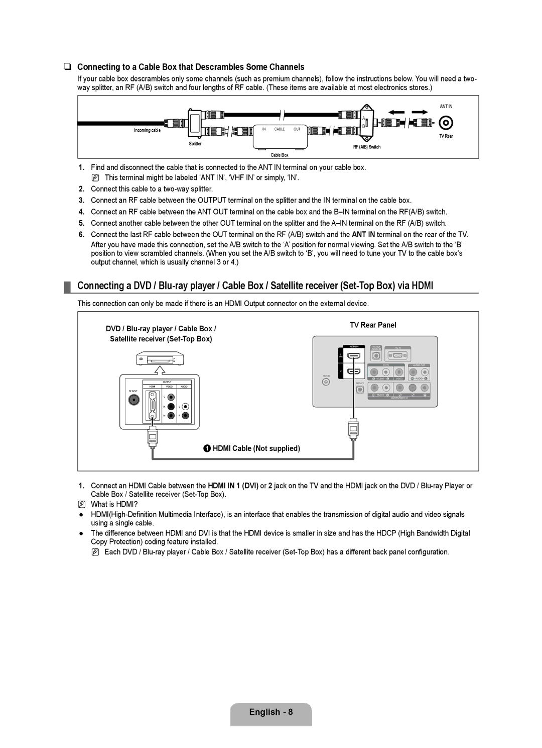 Samsung 350 user manual Connecting to a Cable Box that Descrambles Some Channels, Hdmi Cable Not supplied 