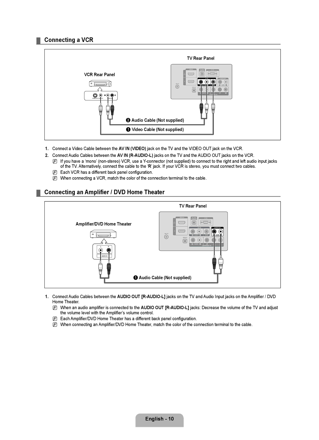 Samsung 350 user manual Connecting a VCR, Connecting an Amplifier / DVD Home Theater 