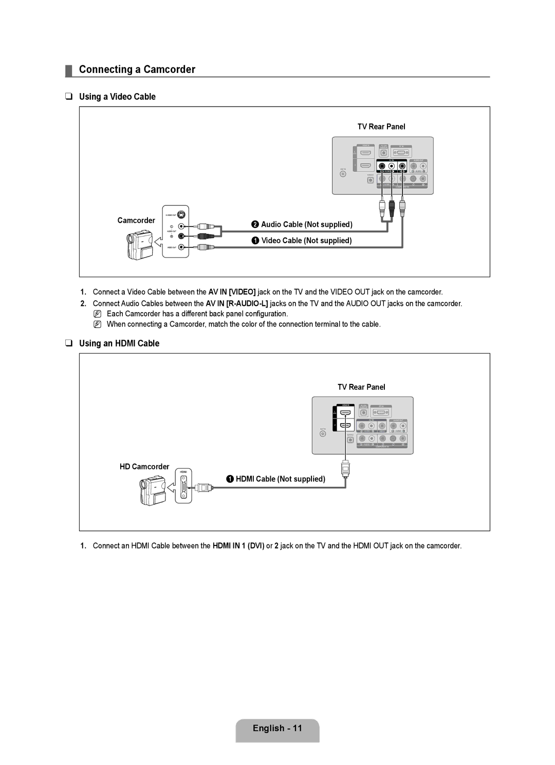 Samsung 350 user manual Connecting a Camcorder, Using a Video Cable, Using an Hdmi Cable, TV Rear Panel Camcorder 