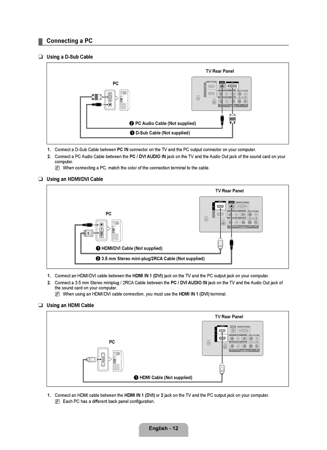 Samsung 350 Connecting a PC, Using a D-Sub Cable, Using an HDMI/DVI Cable, TV Rear Panel Hdmi Cable Not supplied 