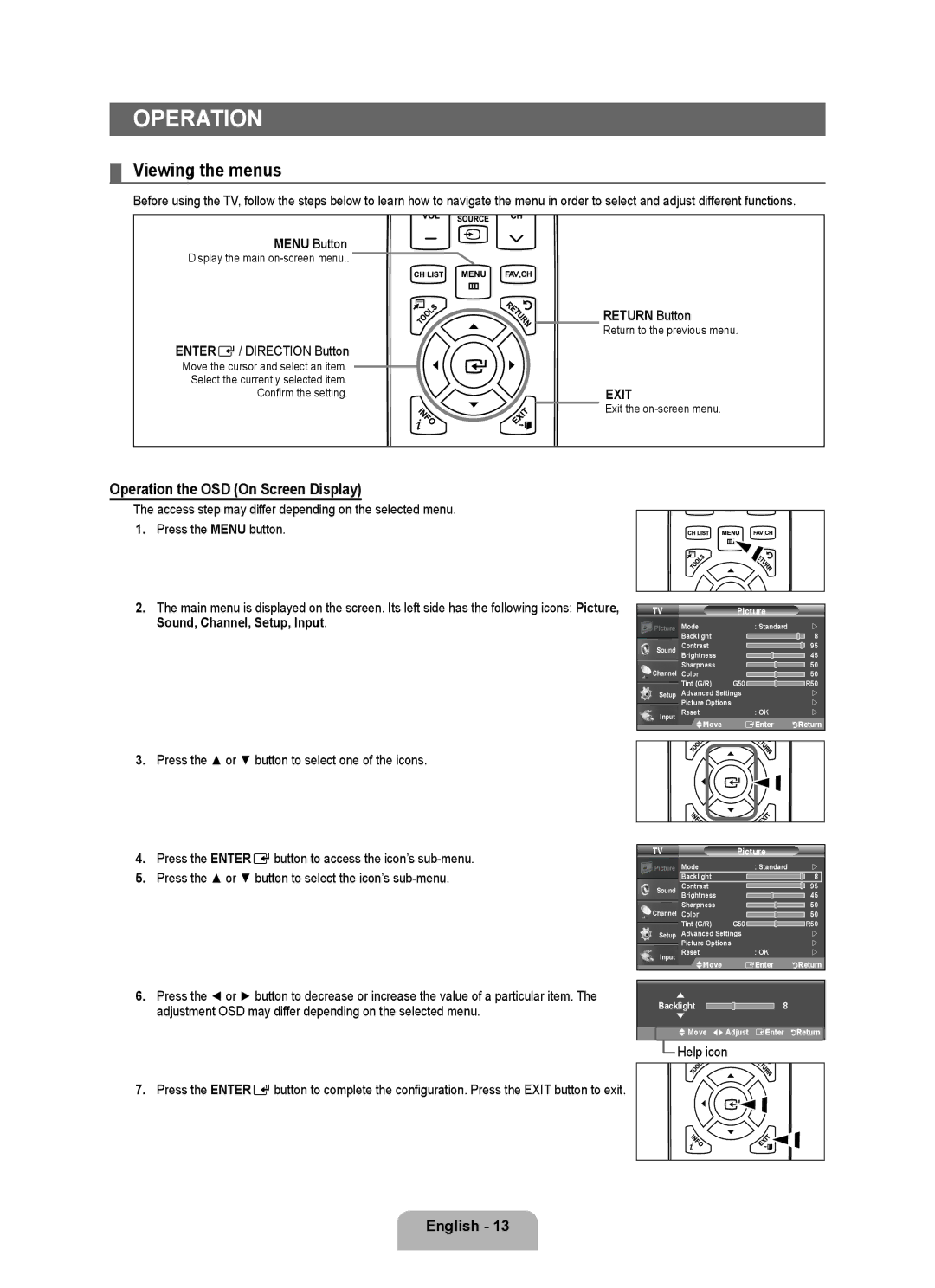 Samsung 350 user manual Viewing the menus, Operation the OSD On Screen Display, Return Button 