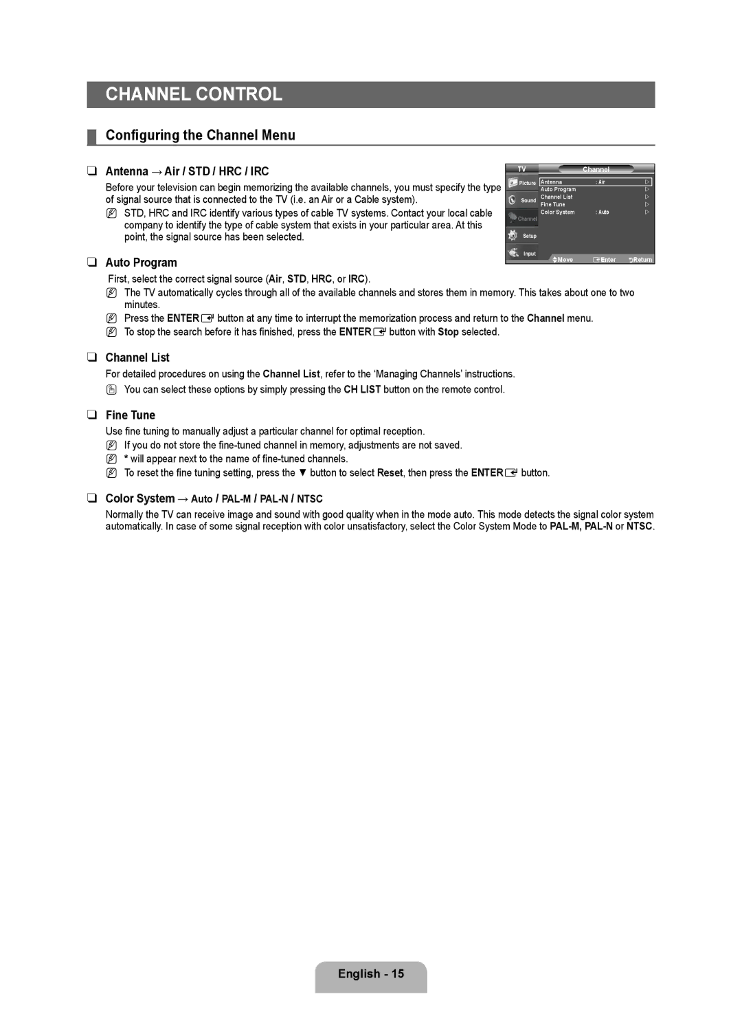 Samsung 350 user manual Channel Control, Configuring the Channel Menu 