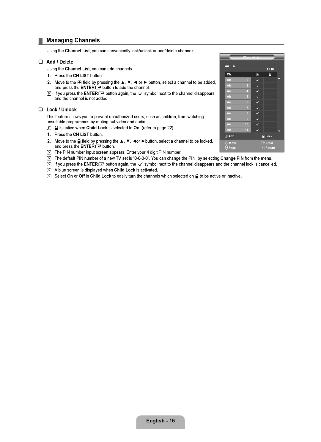 Samsung 350 user manual Managing Channels, Add / Delete 