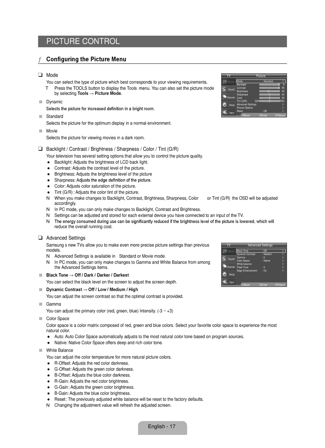 Samsung 350 user manual Picture Control, Configuring the Picture Menu, Mode, Advanced Settings 