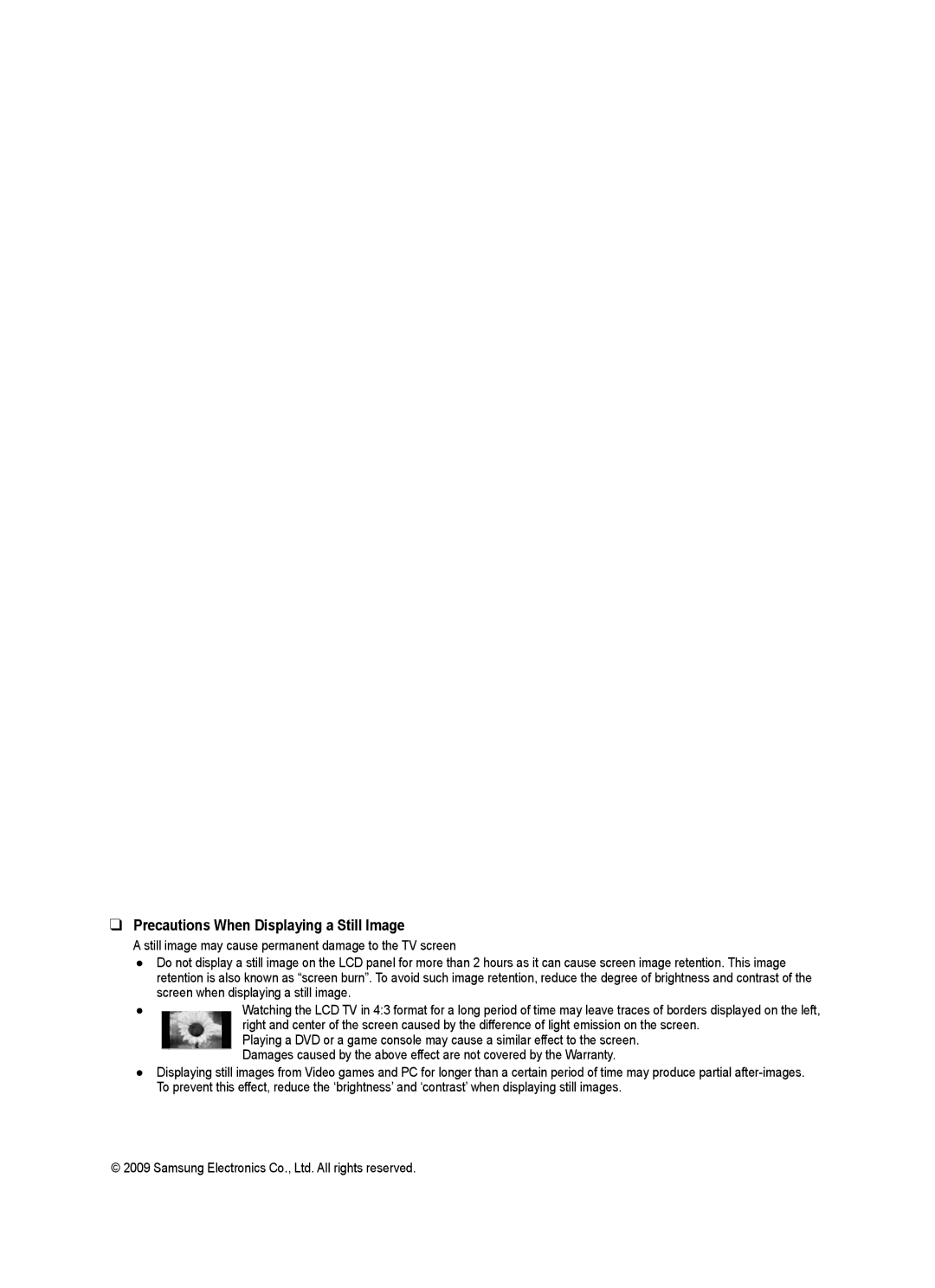 Samsung 350 user manual Precautions When Displaying a Still Image 