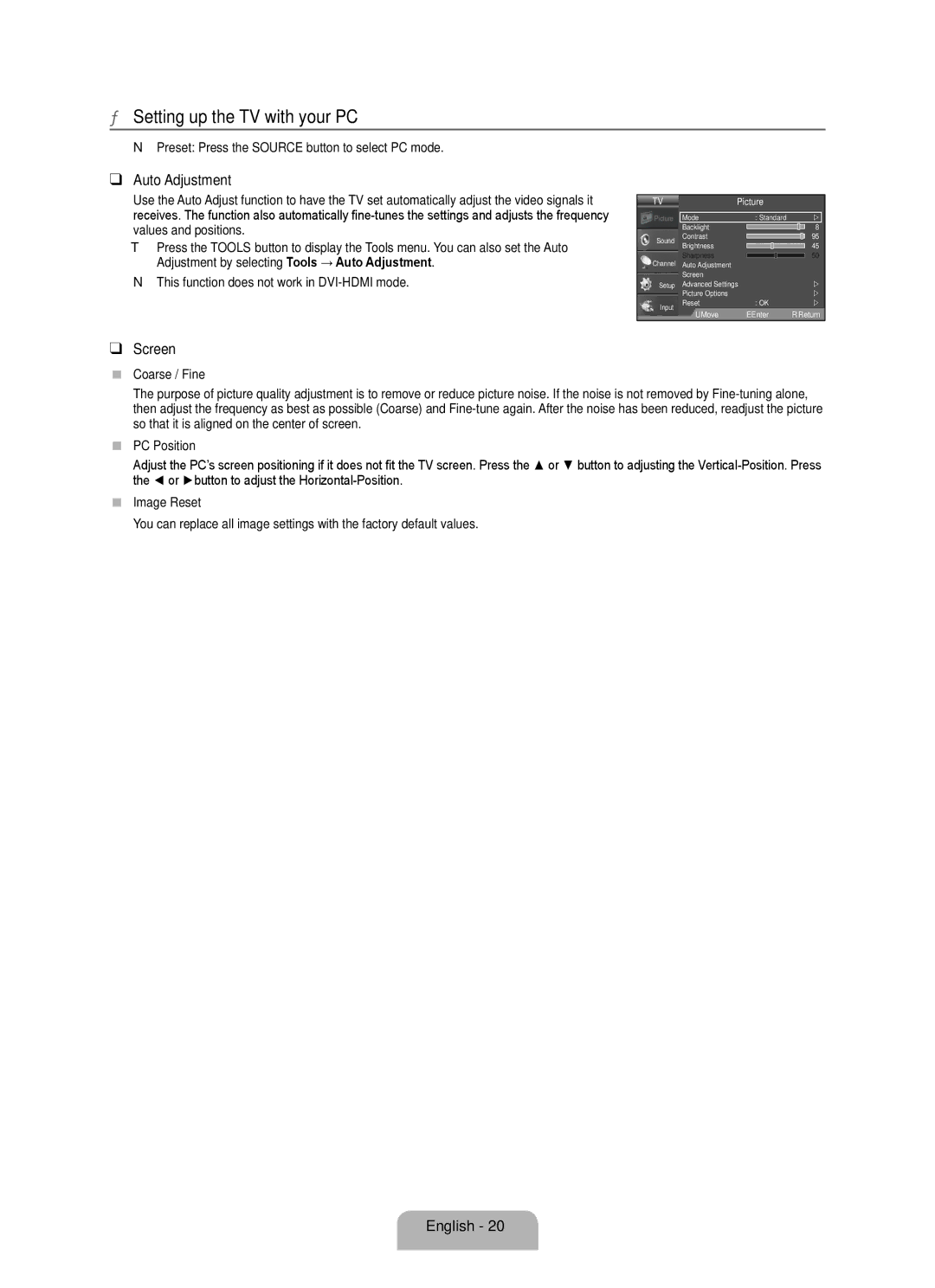 Samsung 350 user manual Setting up the TV with your PC, Auto Adjustment, Screen 