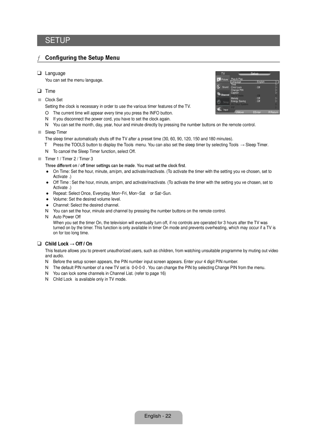 Samsung 350 user manual Configuring the Setup Menu, Child Lock → Off / On 