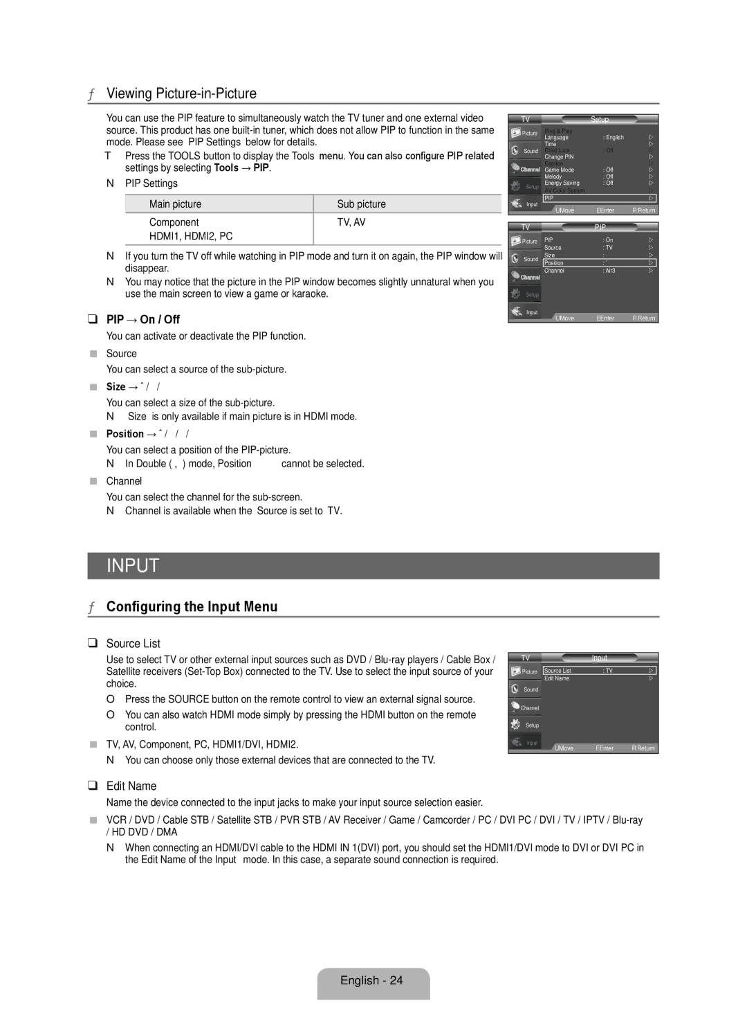 Samsung 350 user manual Viewing Picture-in-Picture, Configuring the Input Menu 