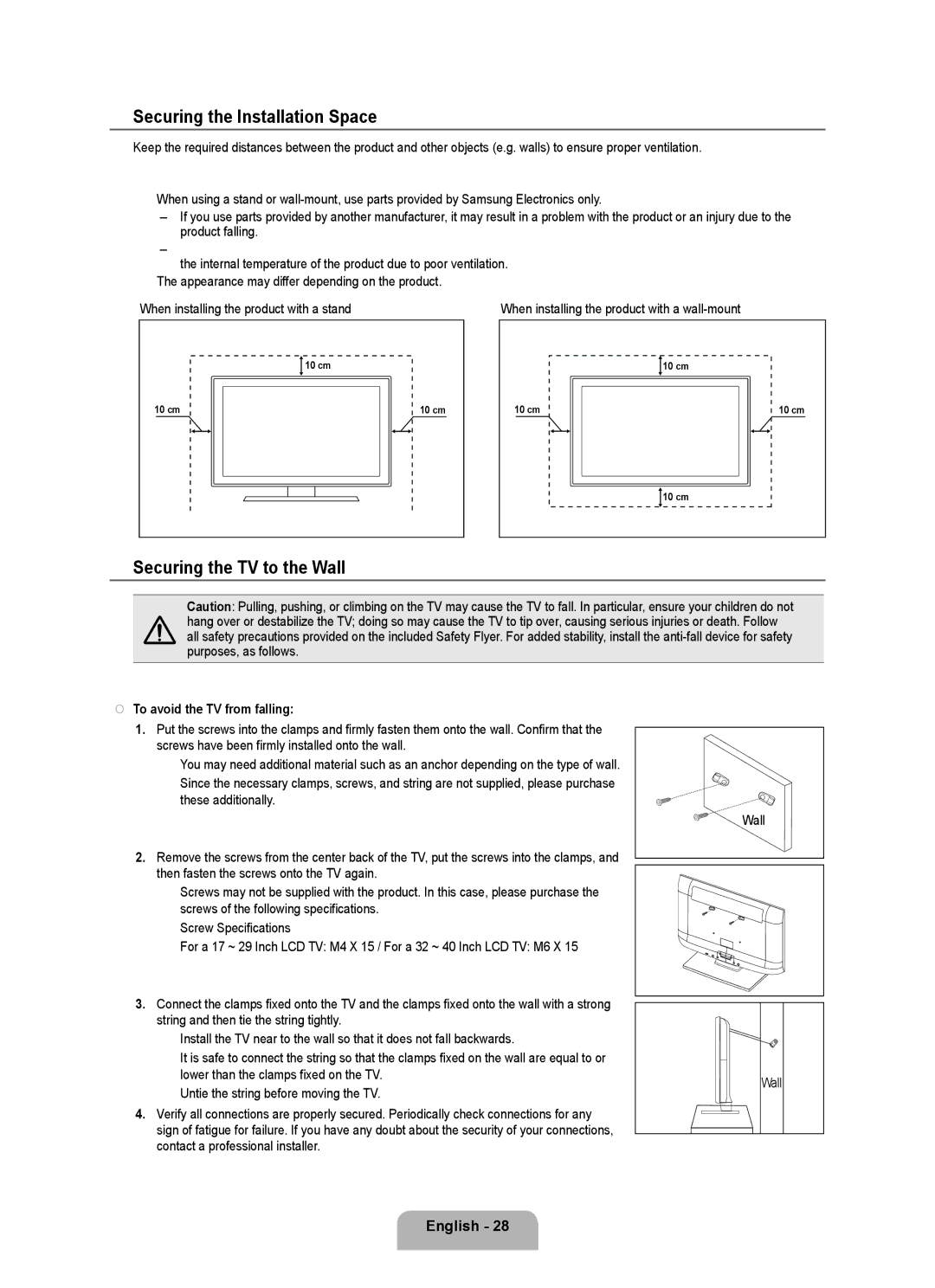 Samsung 350 Securing the Installation Space, Securing the TV to the Wall,  When installing the product with a wall-mount 