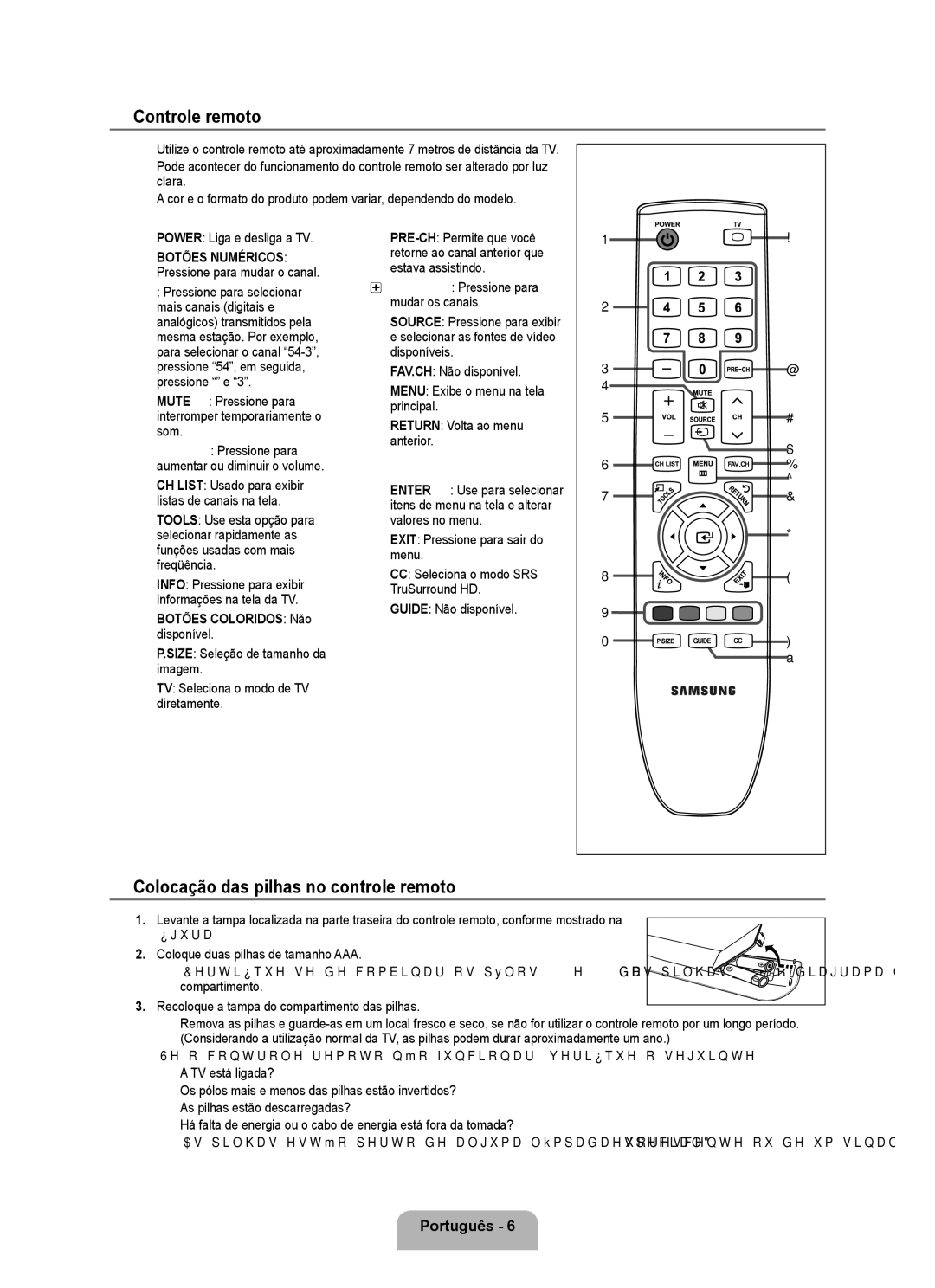 Samsung 350 user manual Controle remoto, Colocação das pilhas no controle remoto, Botões Coloridos Não disponível 