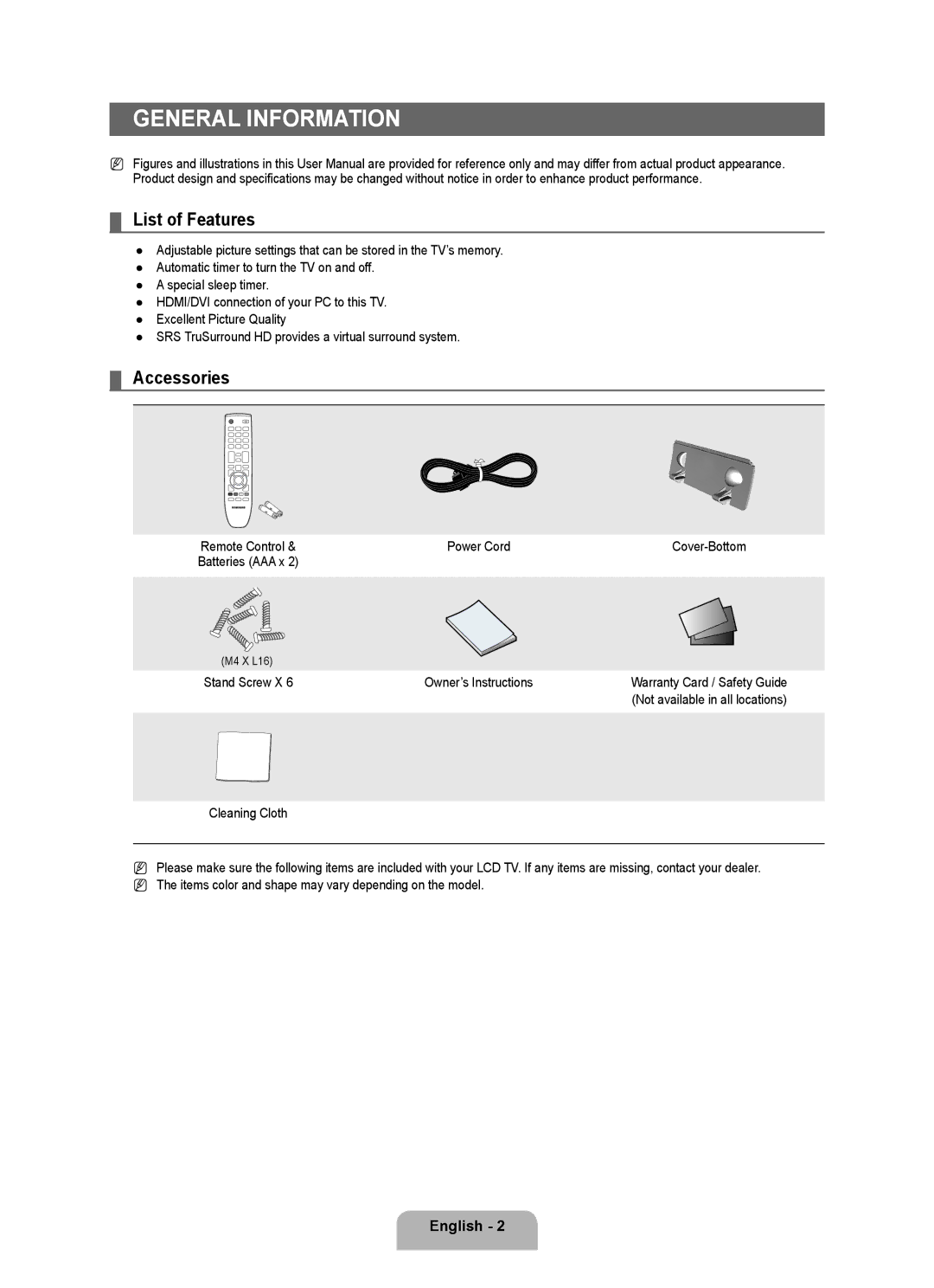 Samsung 350 user manual General Information, List of Features, Accessories, English  