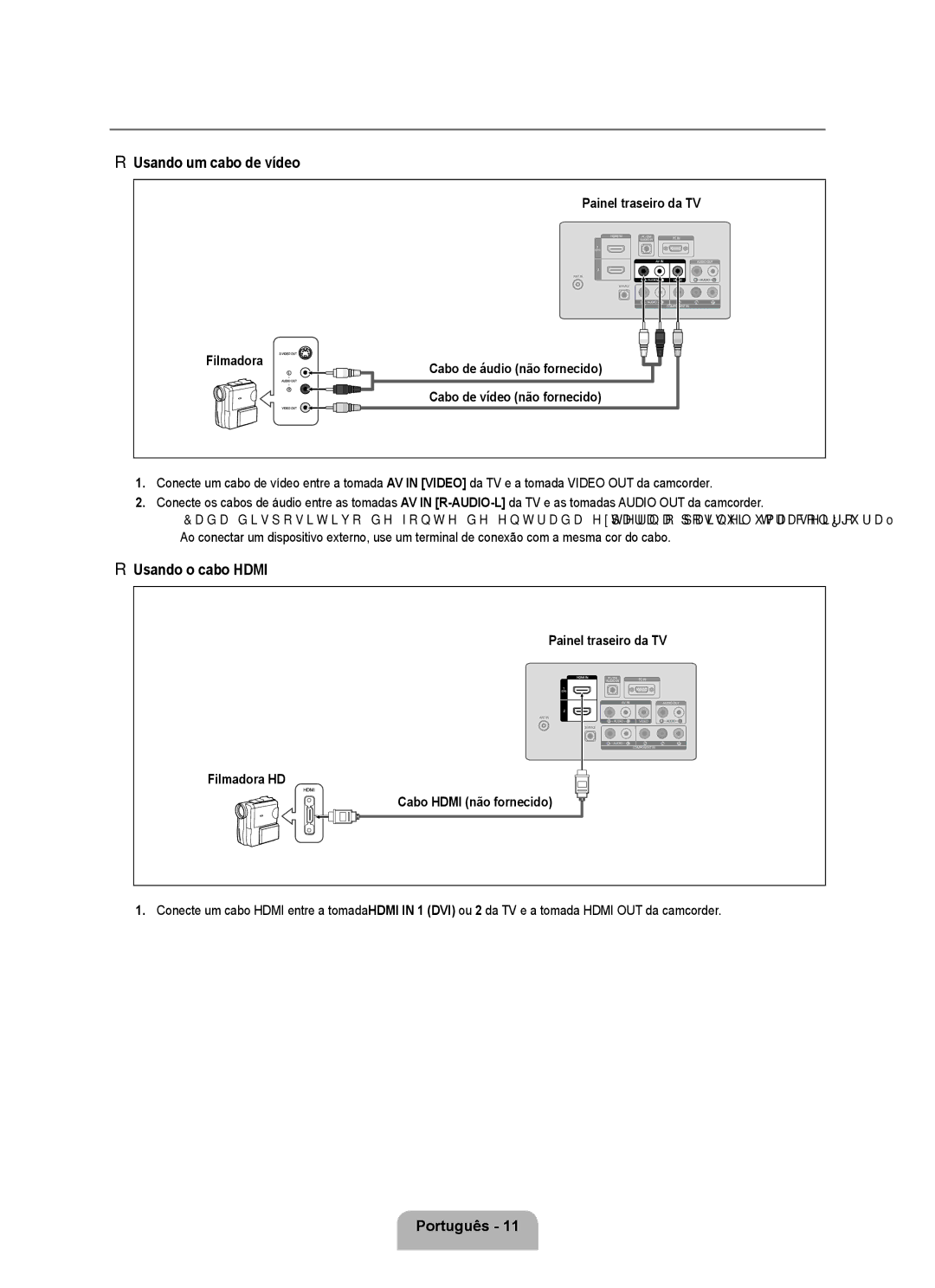 Samsung 350 Conectando uma filmadora, Usando um cabo de vídeo, Usando o cabo Hdmi, Painel traseiro da TV Filmadora 