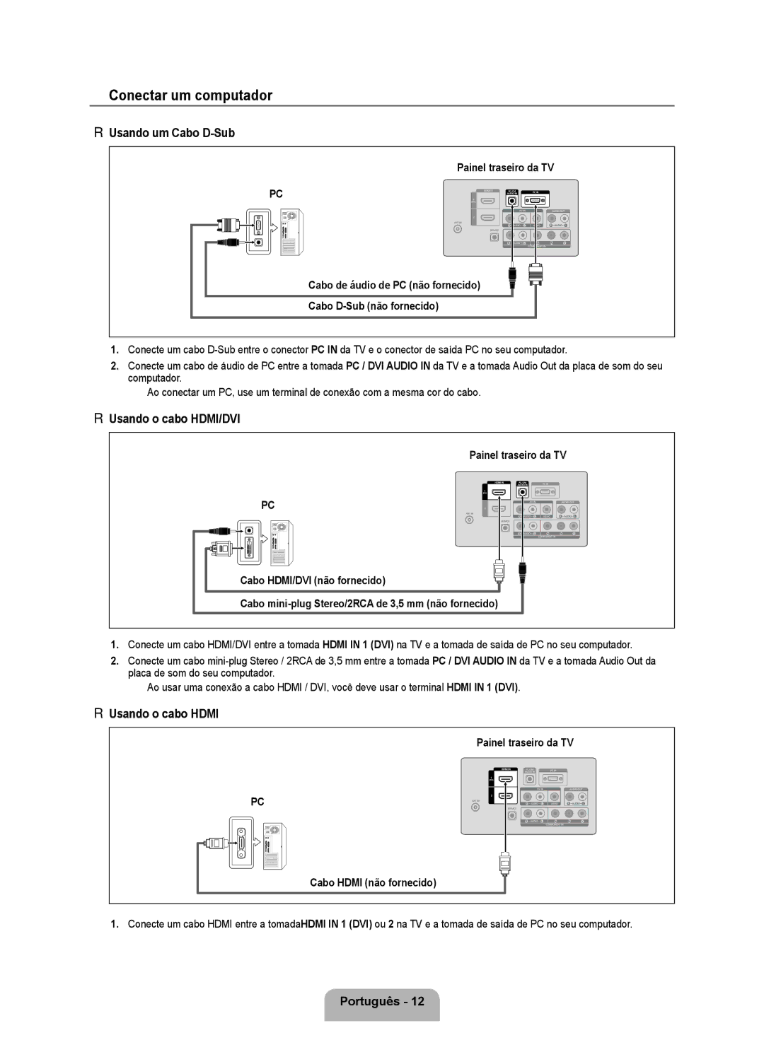 Samsung 350 user manual Conectar um computador, Usando um Cabo D-Sub, Usando o cabo HDMI/DVI 