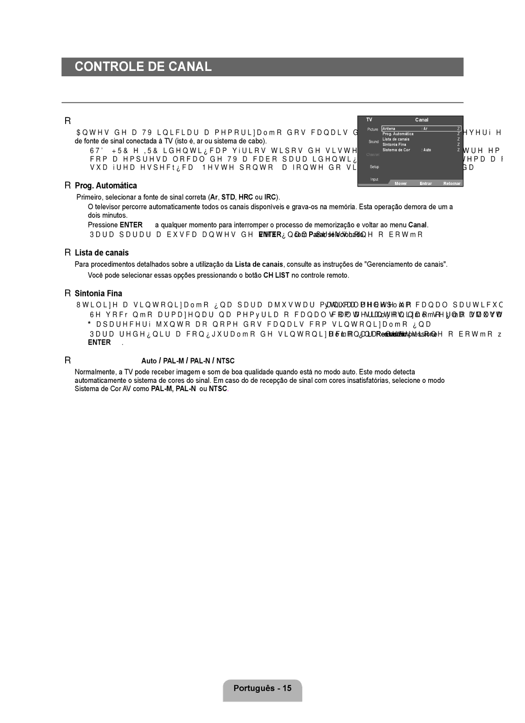 Samsung 350 user manual Controle de Canal, Configuração das Menu de Canal 