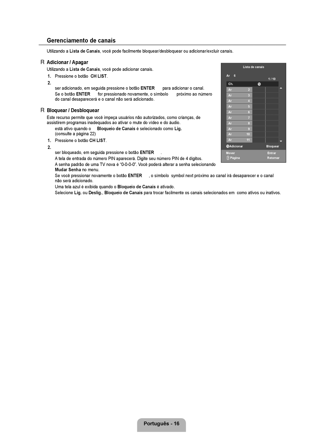 Samsung 350 user manual Gerenciamento de canais, Adicionar / Apagar, Bloquear / Desbloquear 