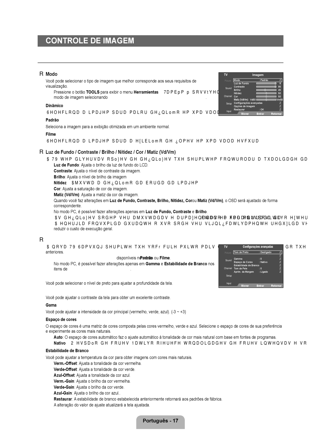 Samsung 350 user manual Controle de Imagem, Configuração das Menu de Imagem, Modo, Configurações avançadas 