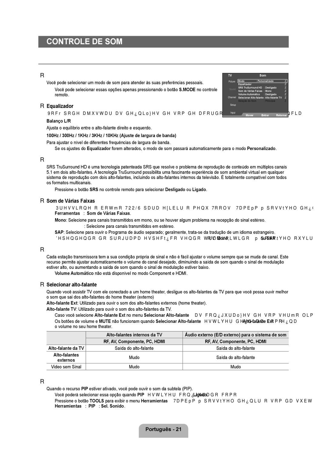 Samsung 350 user manual Controle de Som, Configuração das Menu de som 