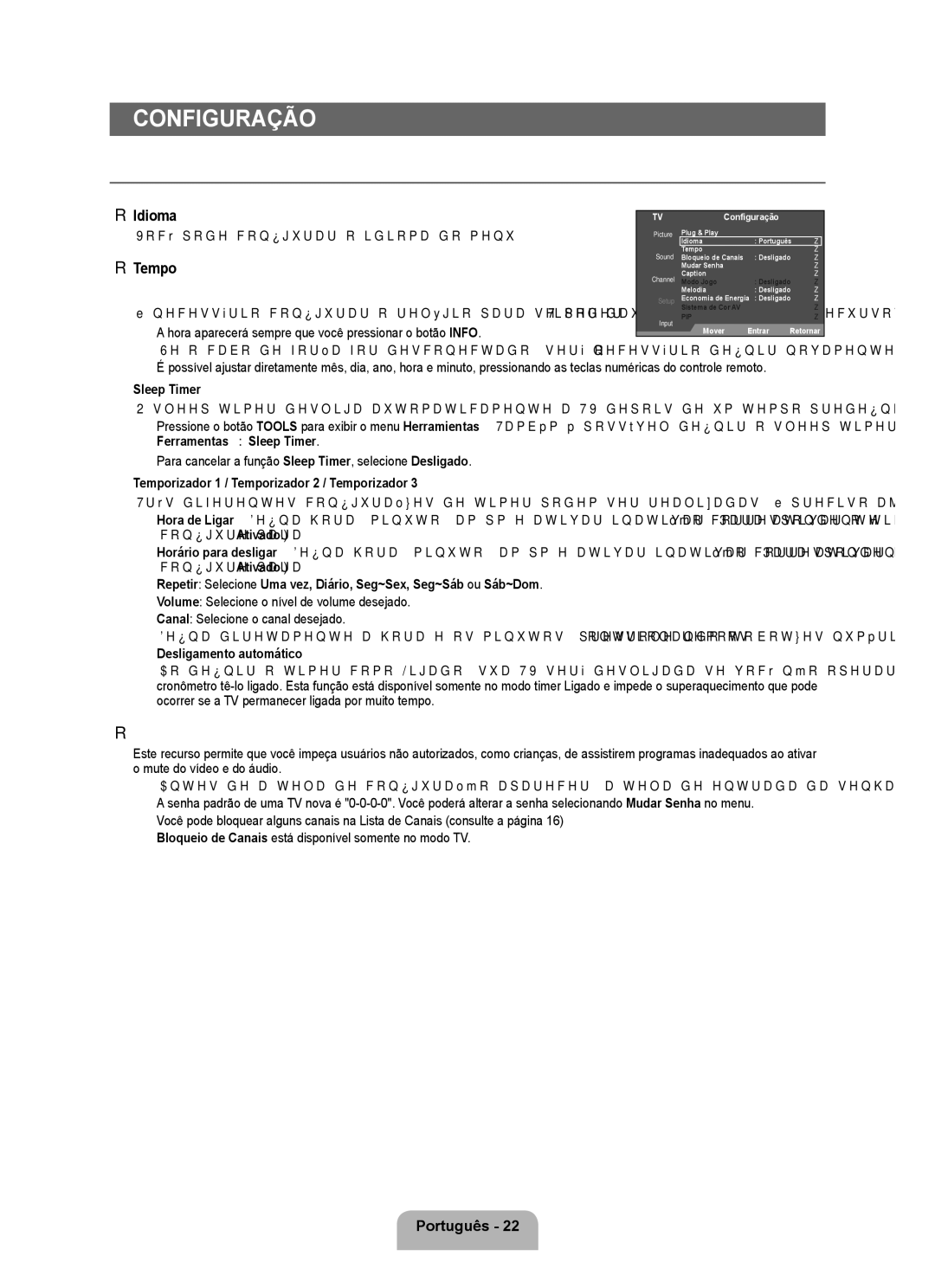 Samsung 350 user manual Configuração das menu Configuração, Bloqueio de Canais → Desligado / Ligado 