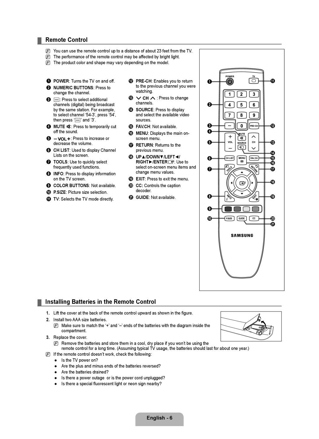 Samsung 350 user manual Installing Batteries in the Remote Control, Numeric Buttons Press to change the channel 