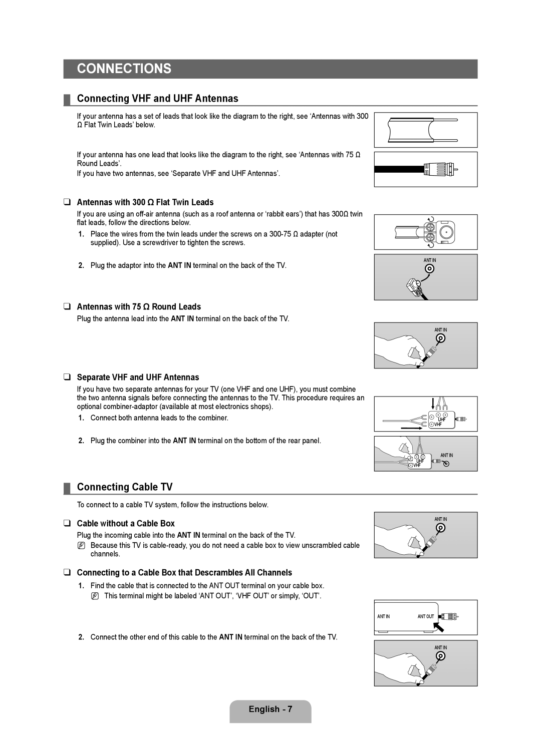 Samsung 350 user manual Connections, Connecting VHF and UHF Antennas, Connecting Cable TV 