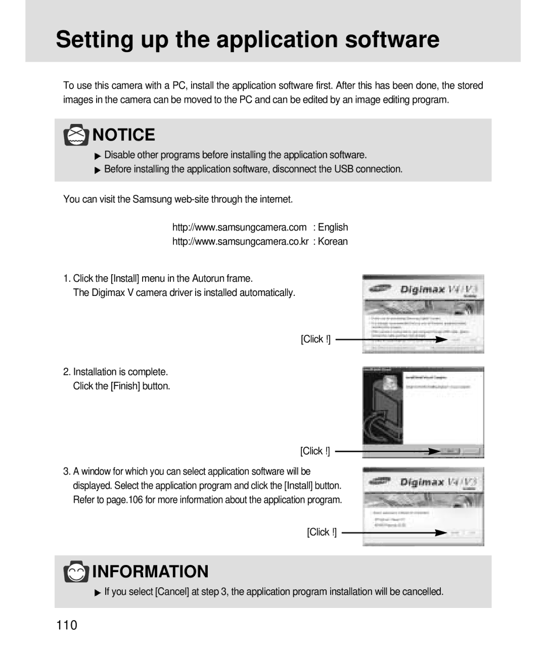 Samsung 3500, V3 manual Setting up the application software, Click 