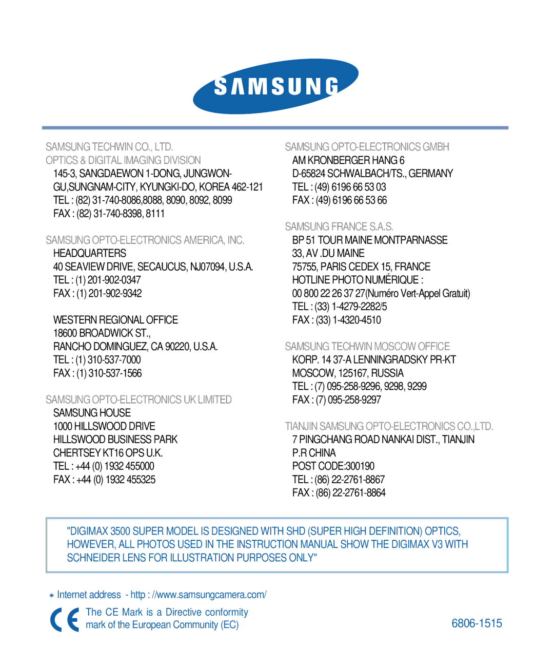 Samsung 3500, V3 manual FAX 82 31-740-8398, Seaview DRIVE, SECAUCUS, NJ07094, U.S.A. TEL 1 FAX 1, FAX 49 6196 66 53, FAX 33 