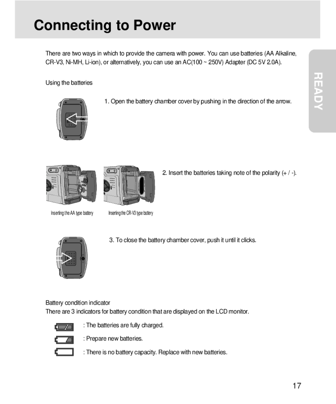 Samsung V3, 3500 manual Connecting to Power, Using the batteries 