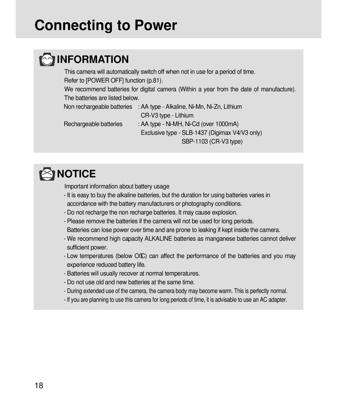 Samsung 3500 manual AA type Alkaline, Ni-Mn, Ni-Zn, Lithium, CR-V3 type Lithium, SBP-1103 CR-V3 type 