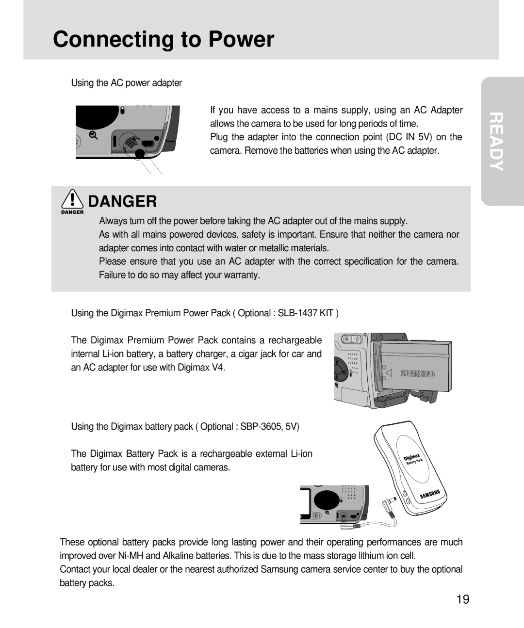 Samsung V3, 3500 manual Using the AC power adapter 