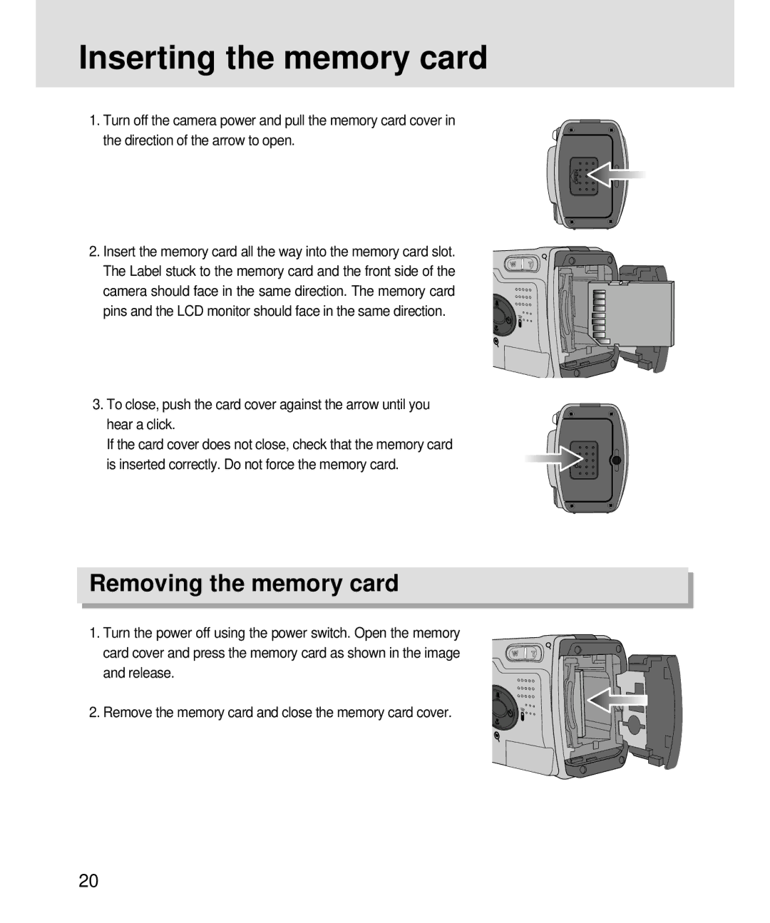 Samsung 3500, V3 manual Inserting the memory card, Removing the memory card 