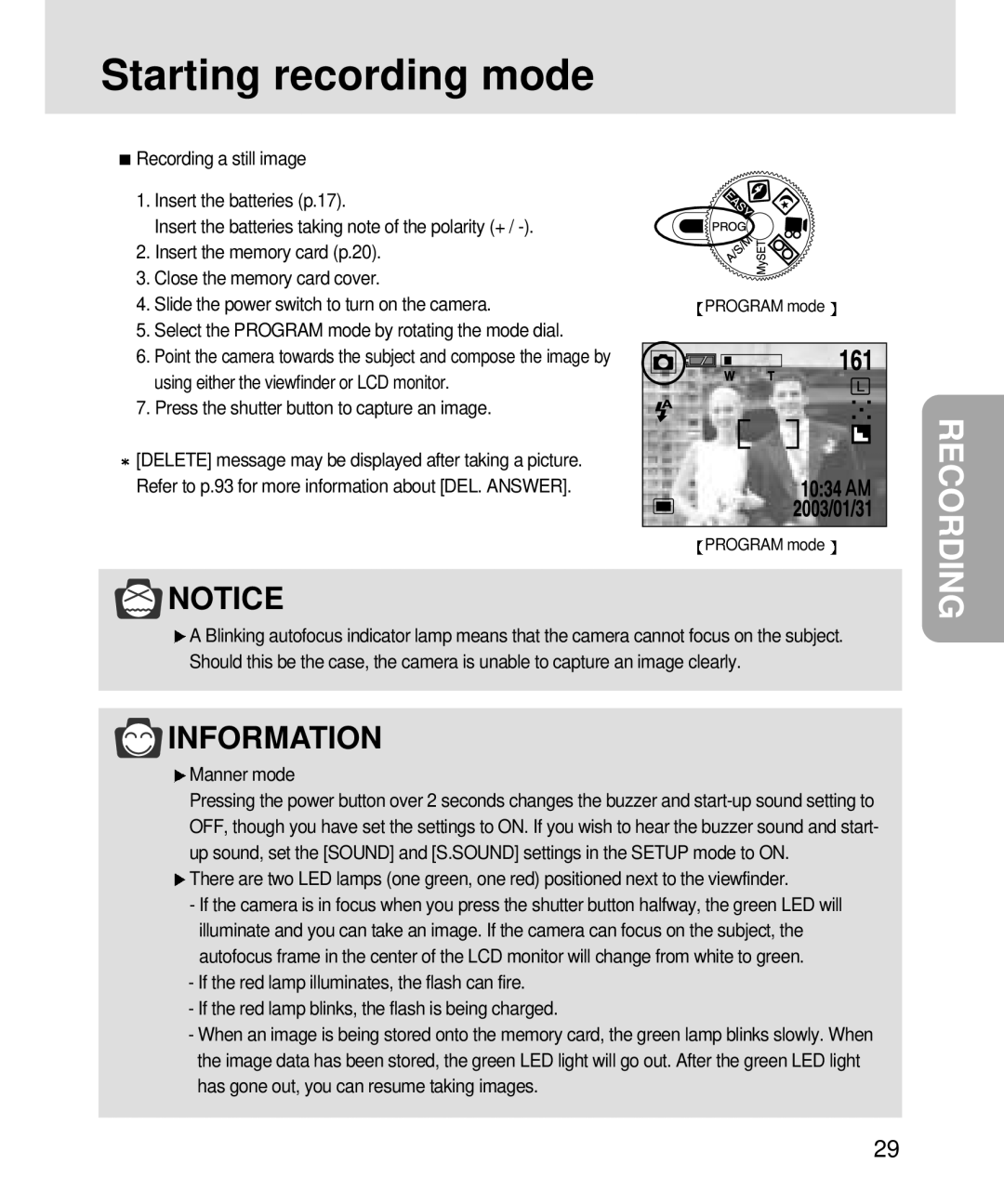 Samsung V3, 3500 manual Starting recording mode, Press the shutter button to capture an image, Manner mode 