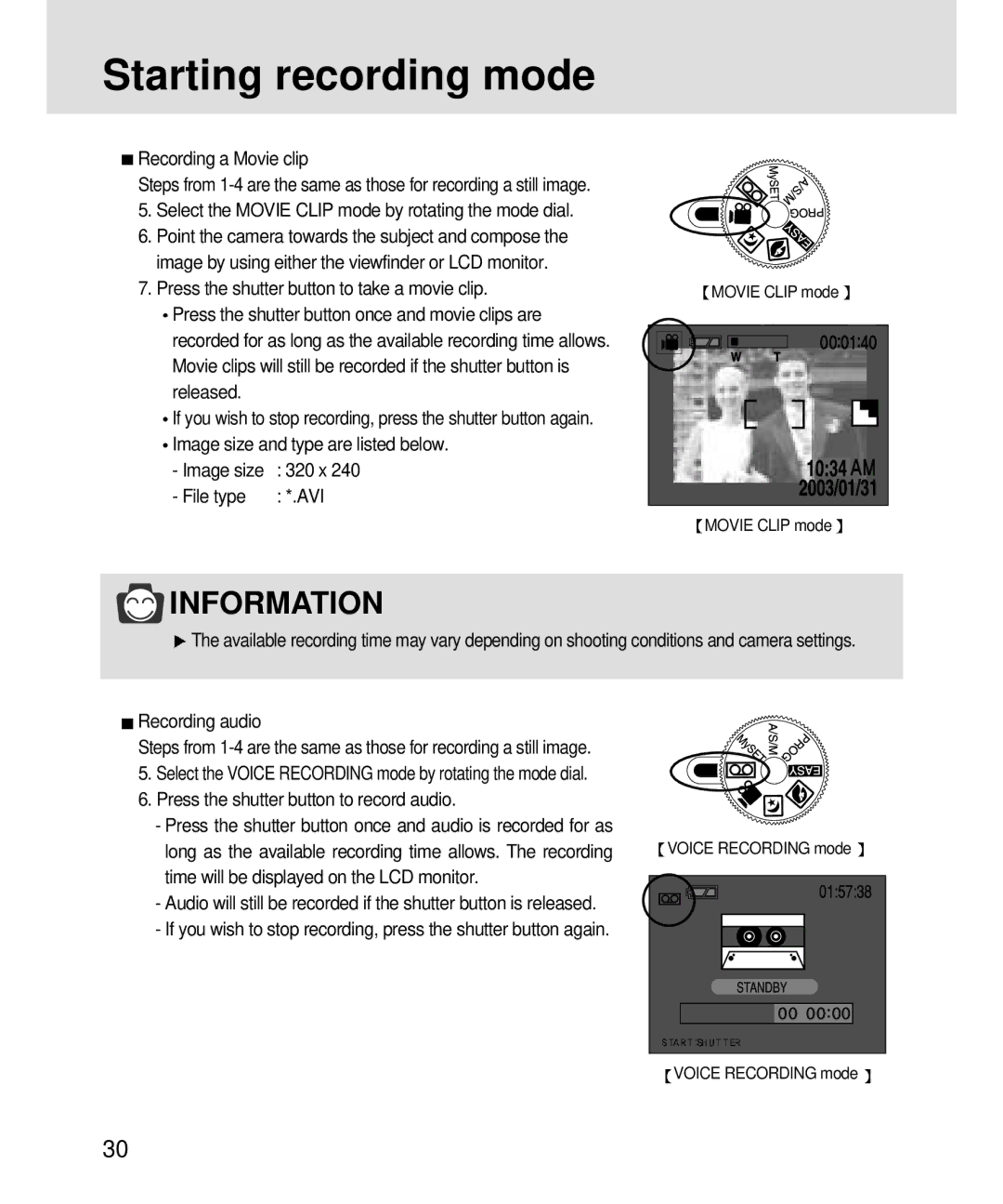 Samsung 3500, V3 Press the shutter button to take a movie clip, File type AVI, Press the shutter button to record audio 