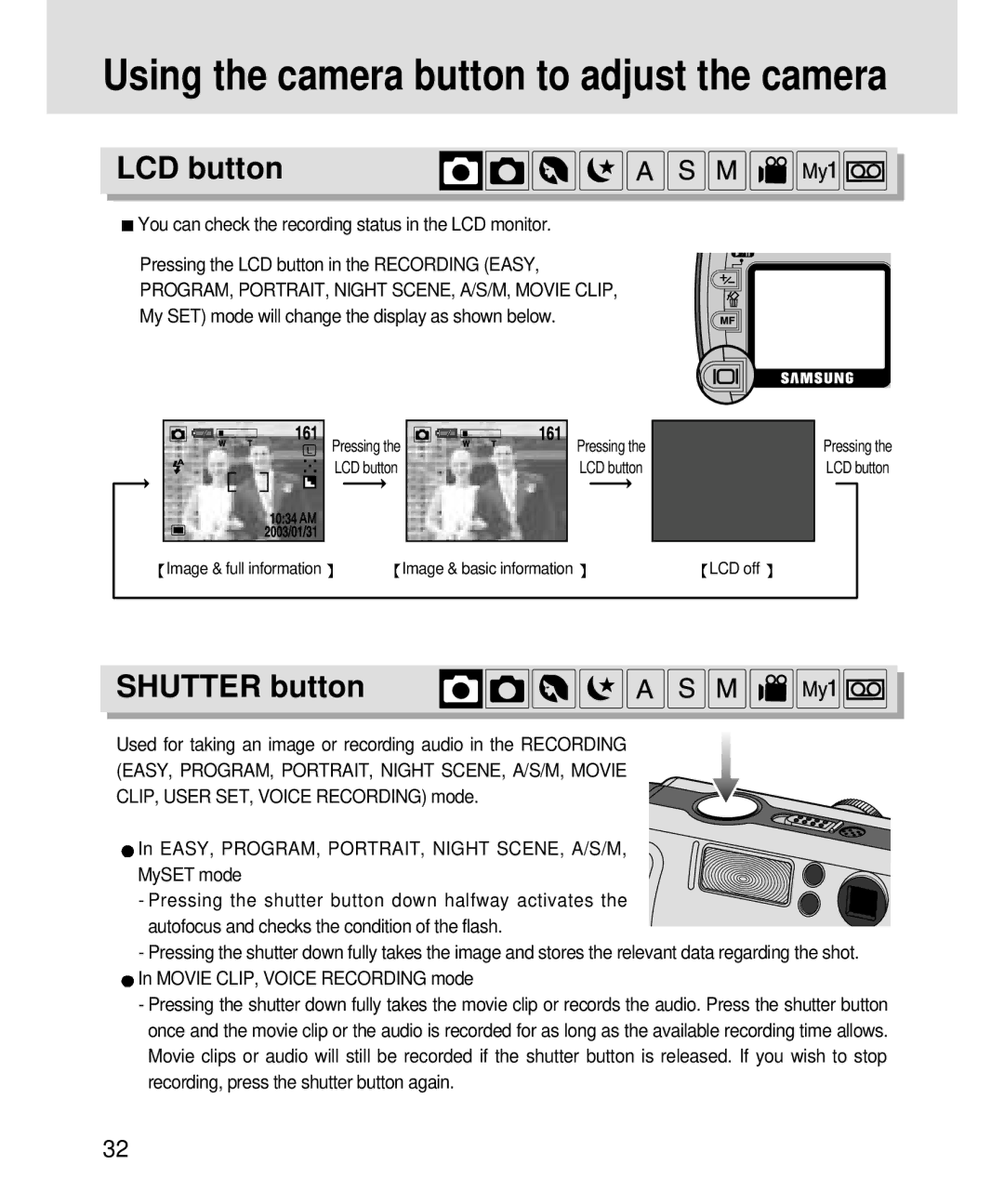 Samsung 3500, V3 manual LCD button, Shutter button, My SET mode will change the display as shown below 