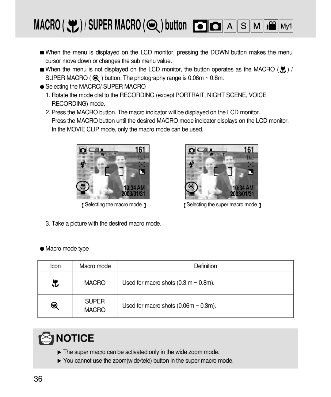 Samsung 3500, V3 manual Macro / Super Macro button, Used for macro shots 0.3 m ~ 0.8m, Used for macro shots 0.06m ~ 0.3m 