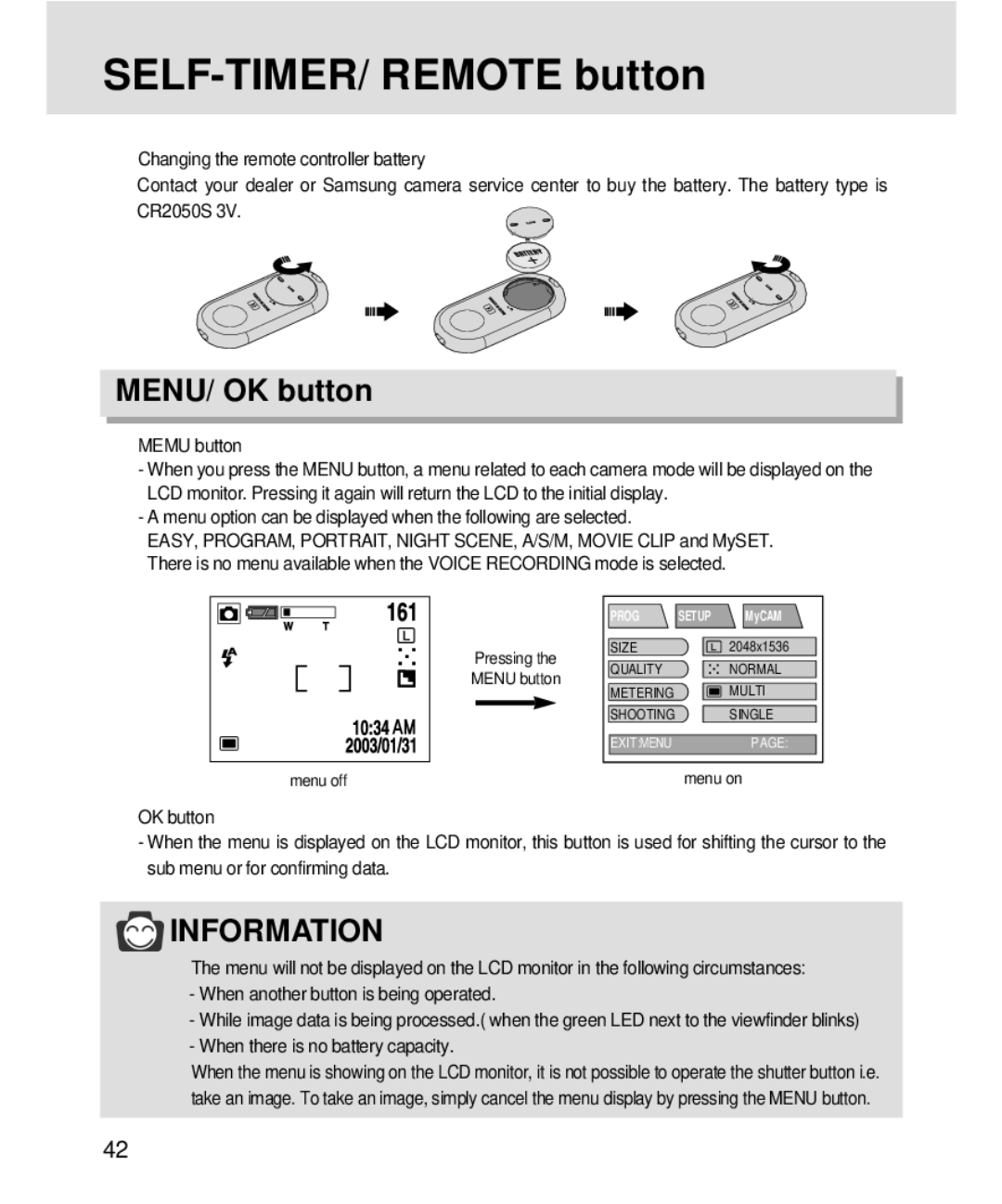 Samsung 3500, V3 manual SELF-TIMER/ Remote button, MENU/ OK button 