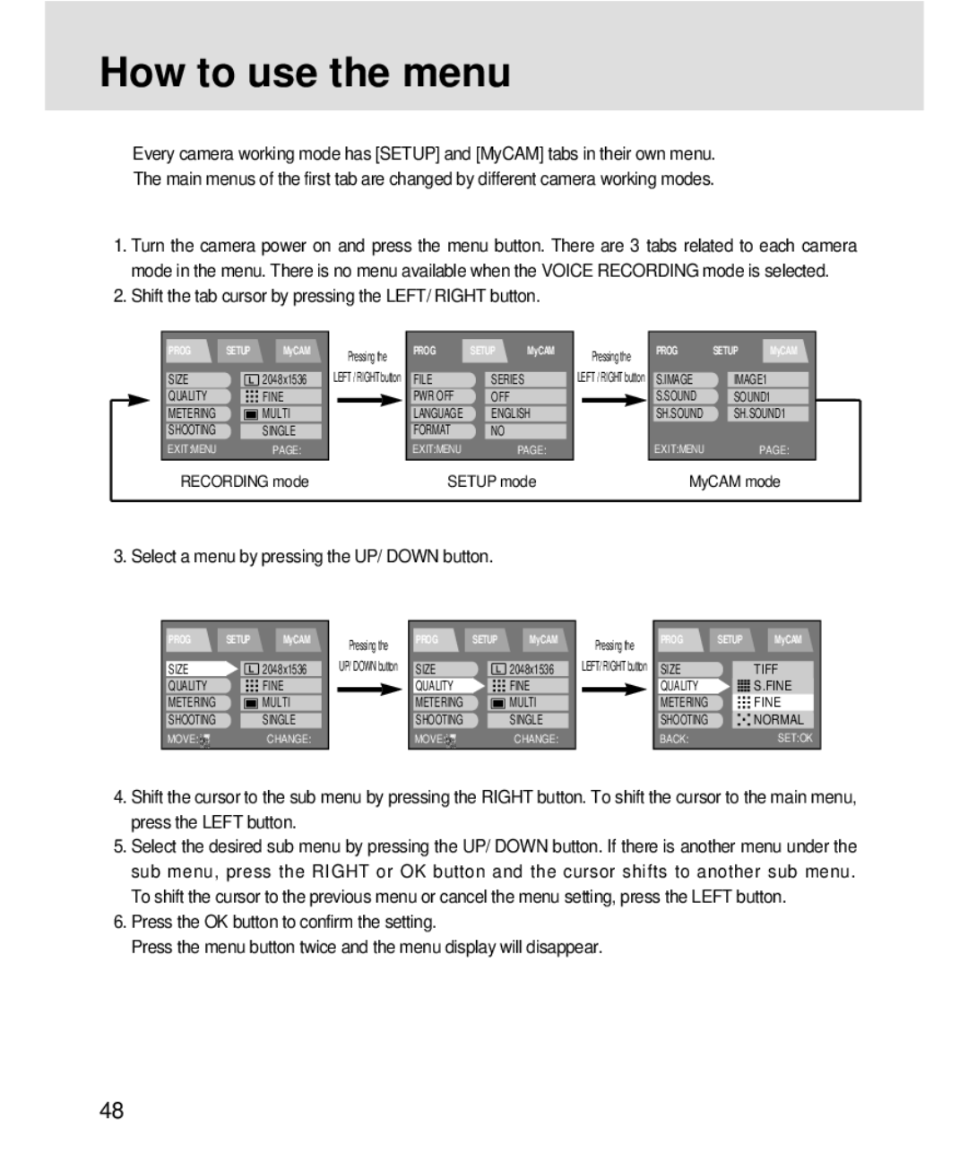 Samsung 3500, V3 manual How to use the menu, Shift the tab cursor by pressing the LEFT/ Right button 