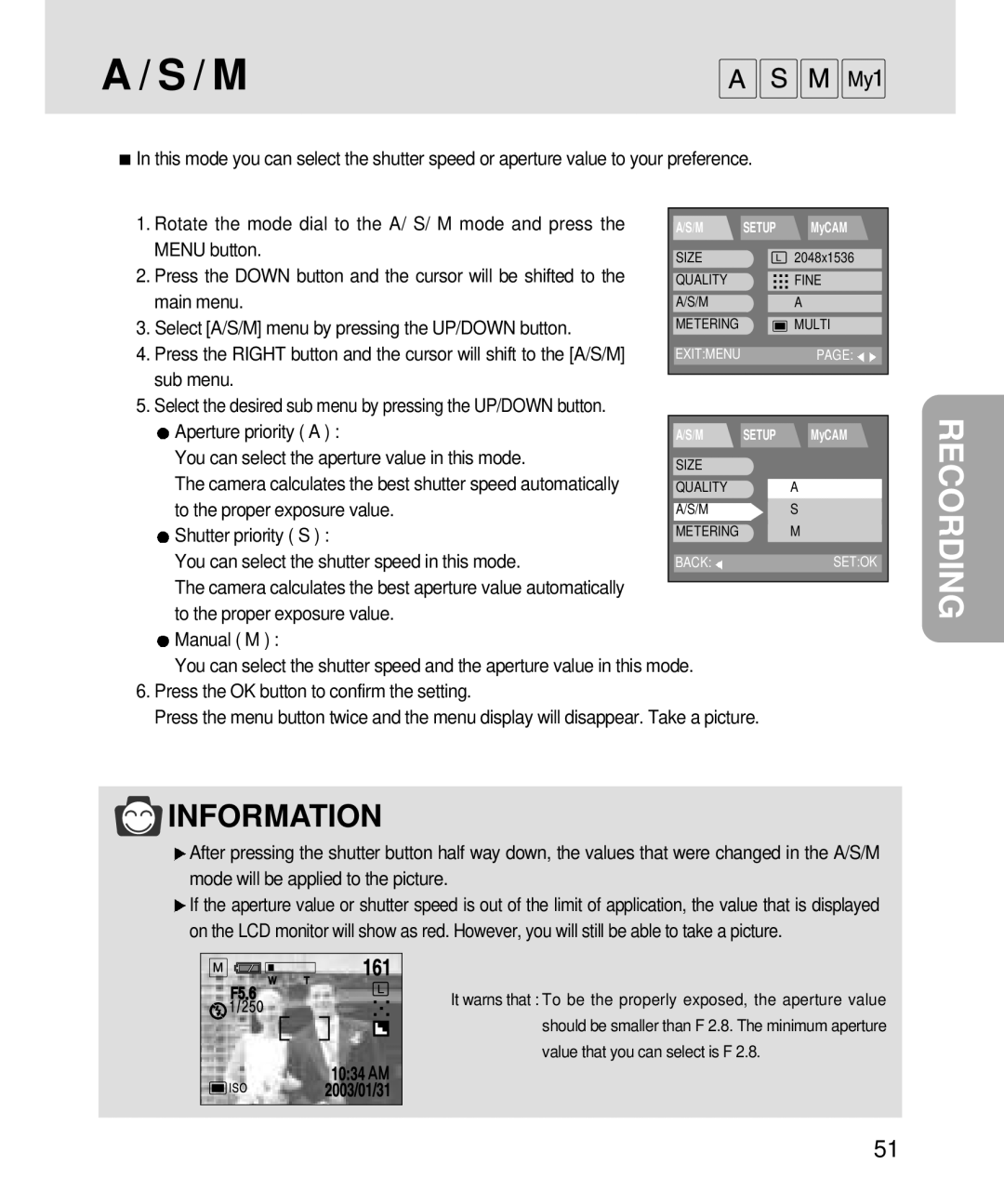 Samsung V3, 3500 manual Menu button, Press the Down button and the cursor will be shifted to, Aperture priority a 