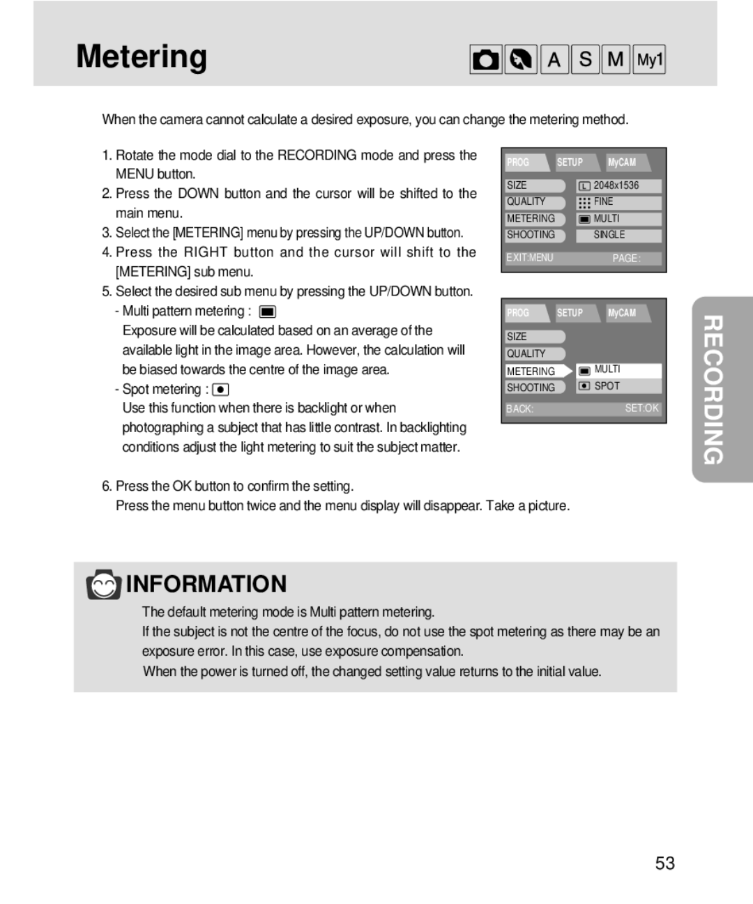 Samsung V3, 3500 manual Metering, Multi pattern metering, Spot metering 