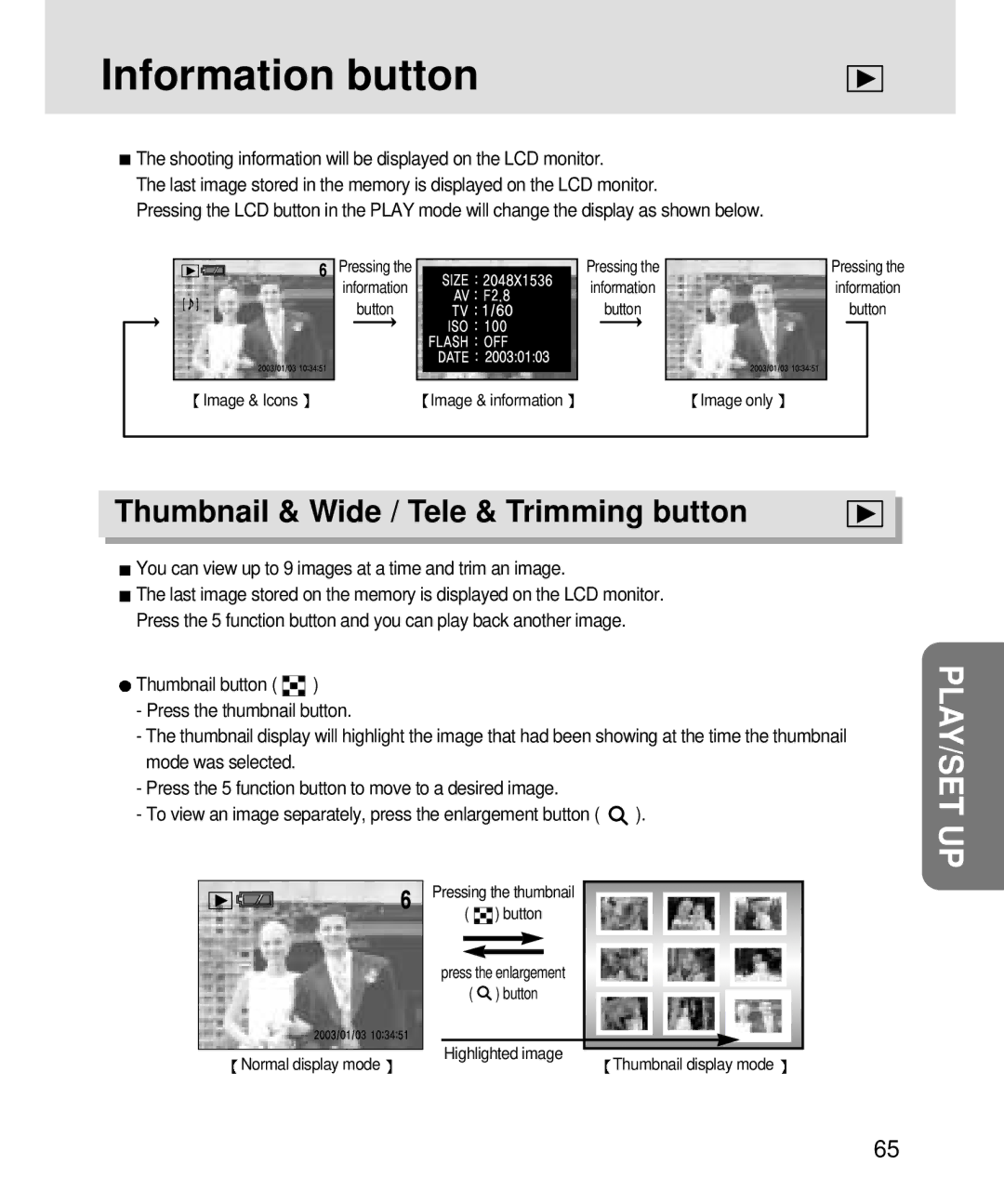 Samsung V3, 3500 manual Information button, Thumbnail & Wide / Tele & Trimming button 