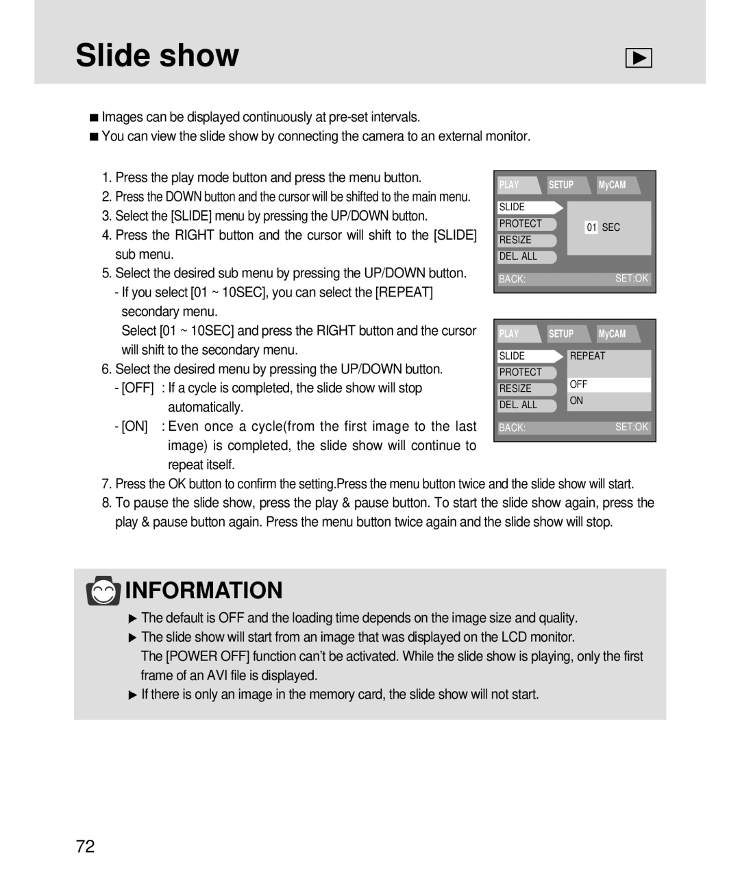 Samsung 3500, V3 manual Slide show, Select the Slide menu by pressing the UP/DOWN button, Automatically 