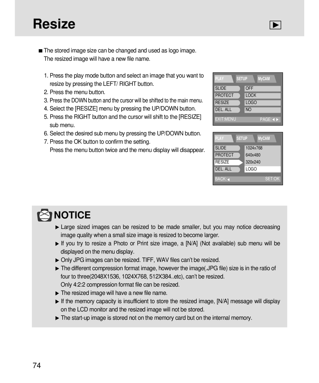 Samsung 3500, V3 manual Resize, Press the OK button to confirm the setting 