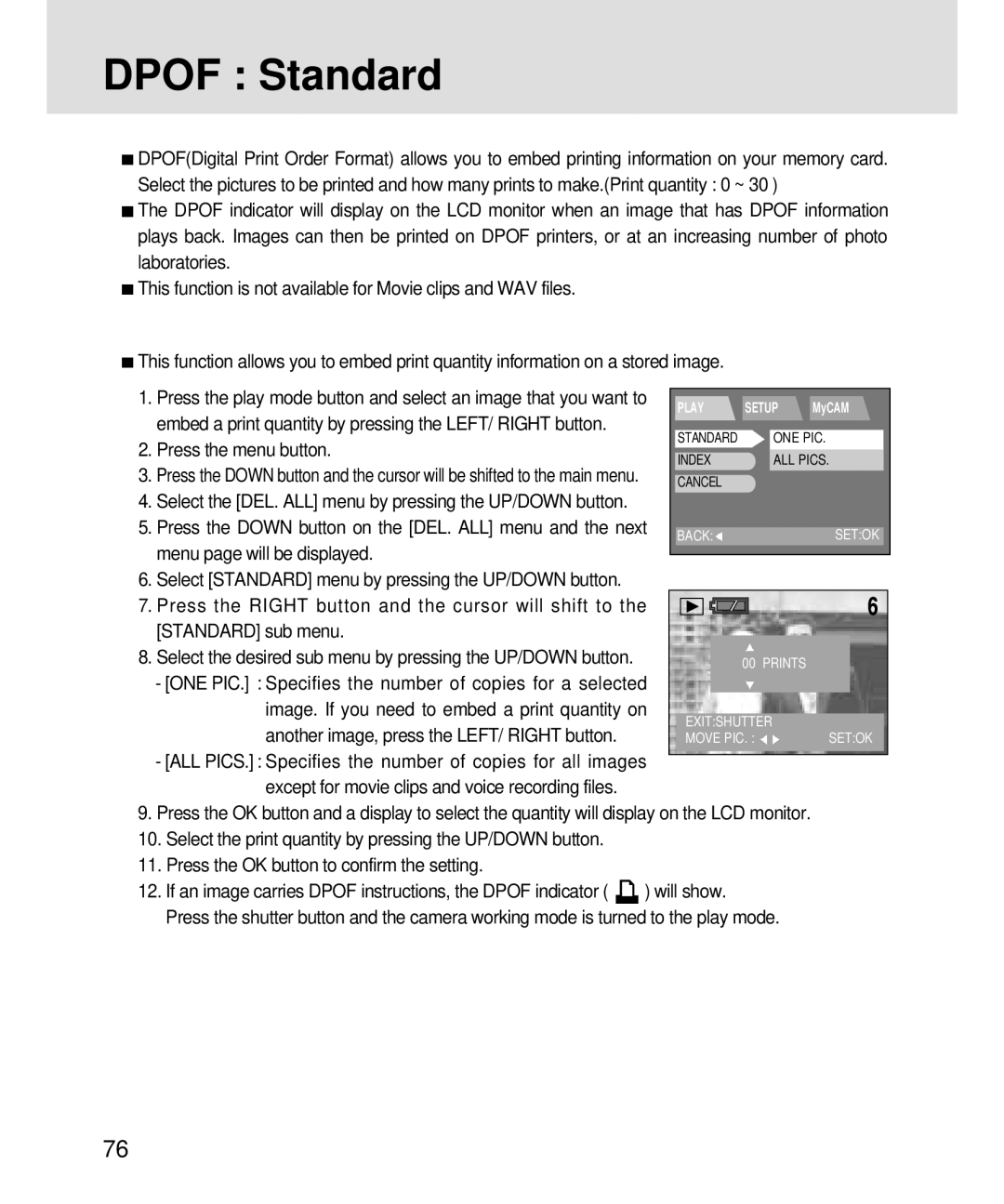 Samsung 3500, V3 Dpof Standard, Embed a print quantity by pressing the LEFT/ Right button, Menu page will be displayed 