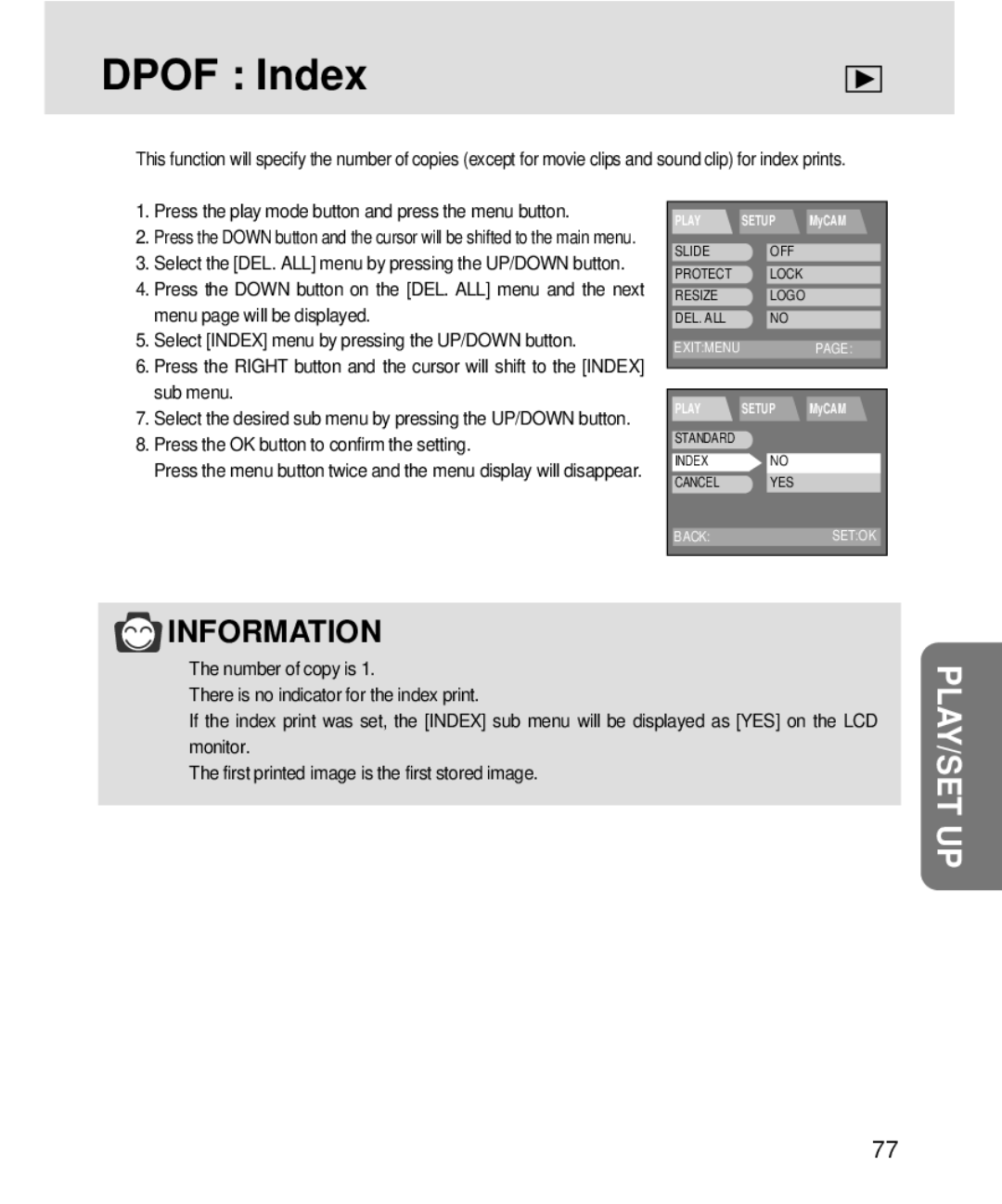 Samsung V3, 3500 manual Dpof Index 