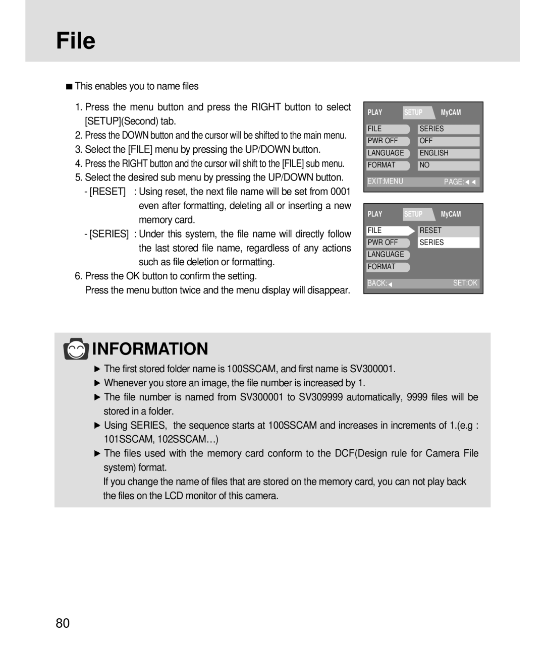 Samsung 3500, V3 manual Select the File menu by pressing the UP/DOWN button 