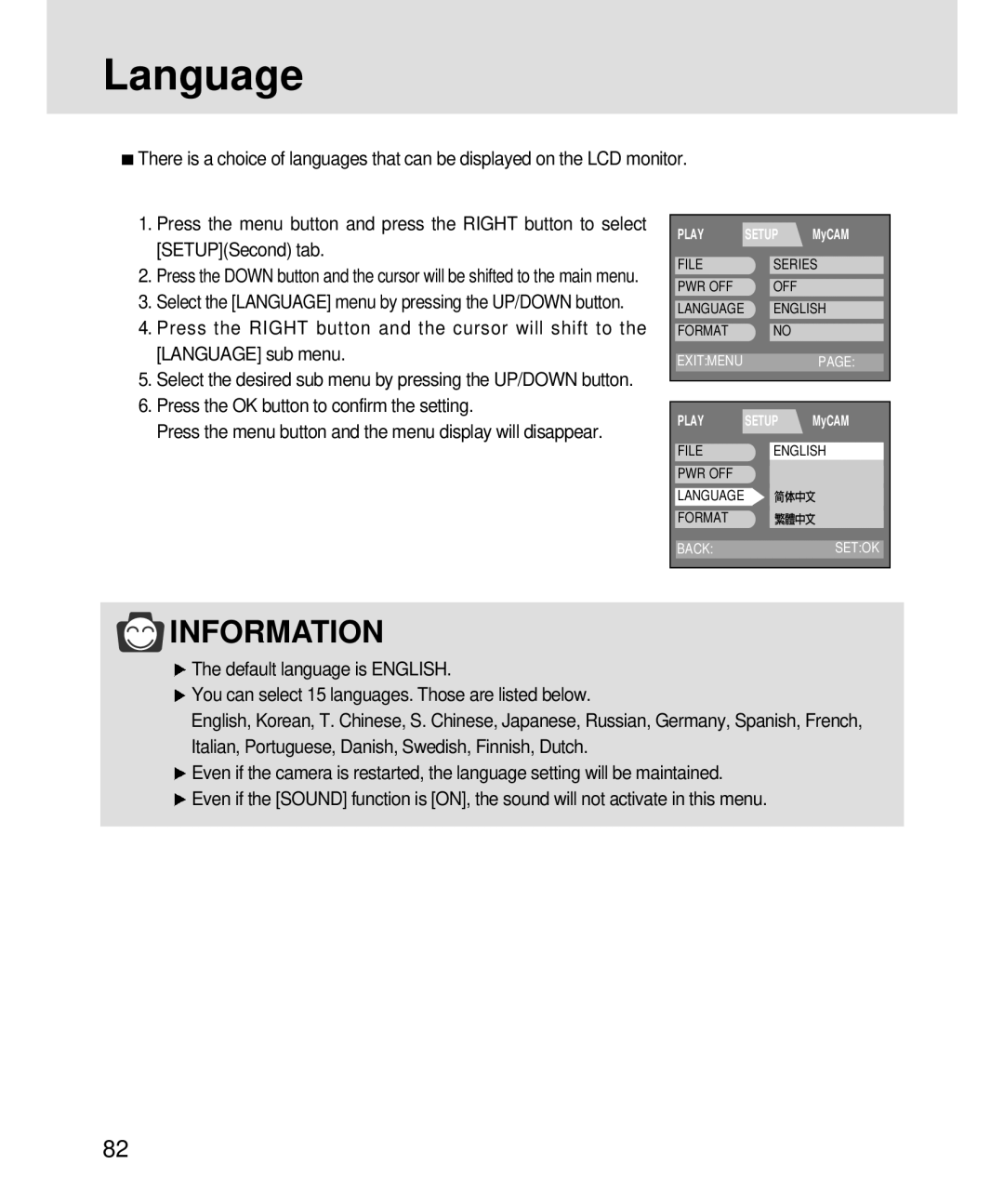 Samsung 3500, V3 manual Select the Language menu by pressing the UP/DOWN button 