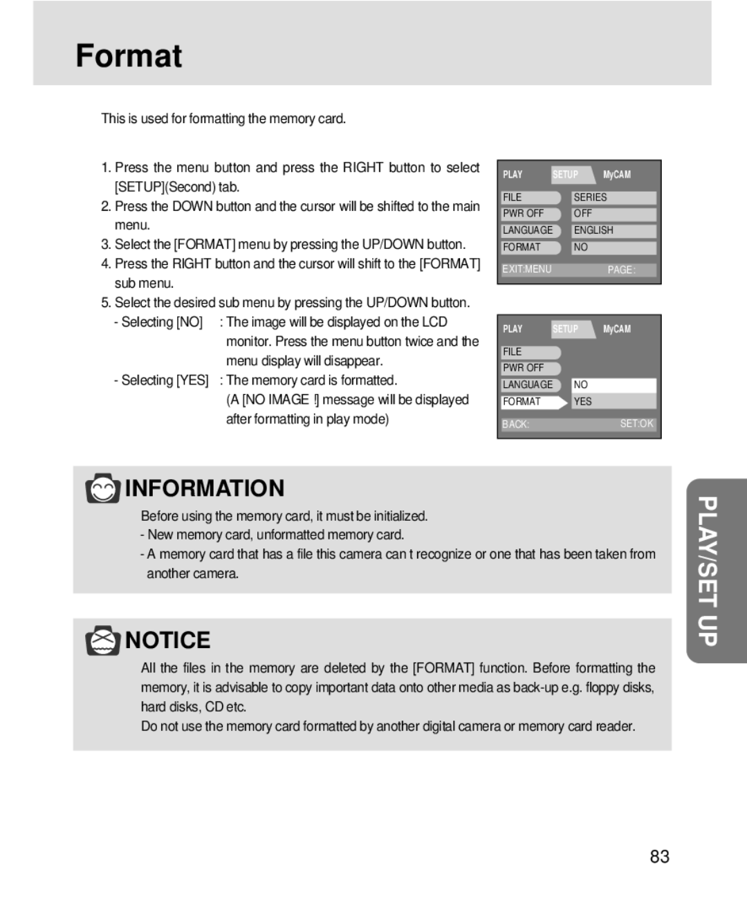 Samsung V3 Format, Selecting no Image will be displayed on the LCD, Menu display will disappear, Memory card is formatted 