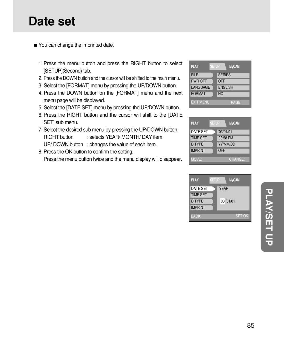 Samsung V3, 3500 manual Date set, UP/ Down button 