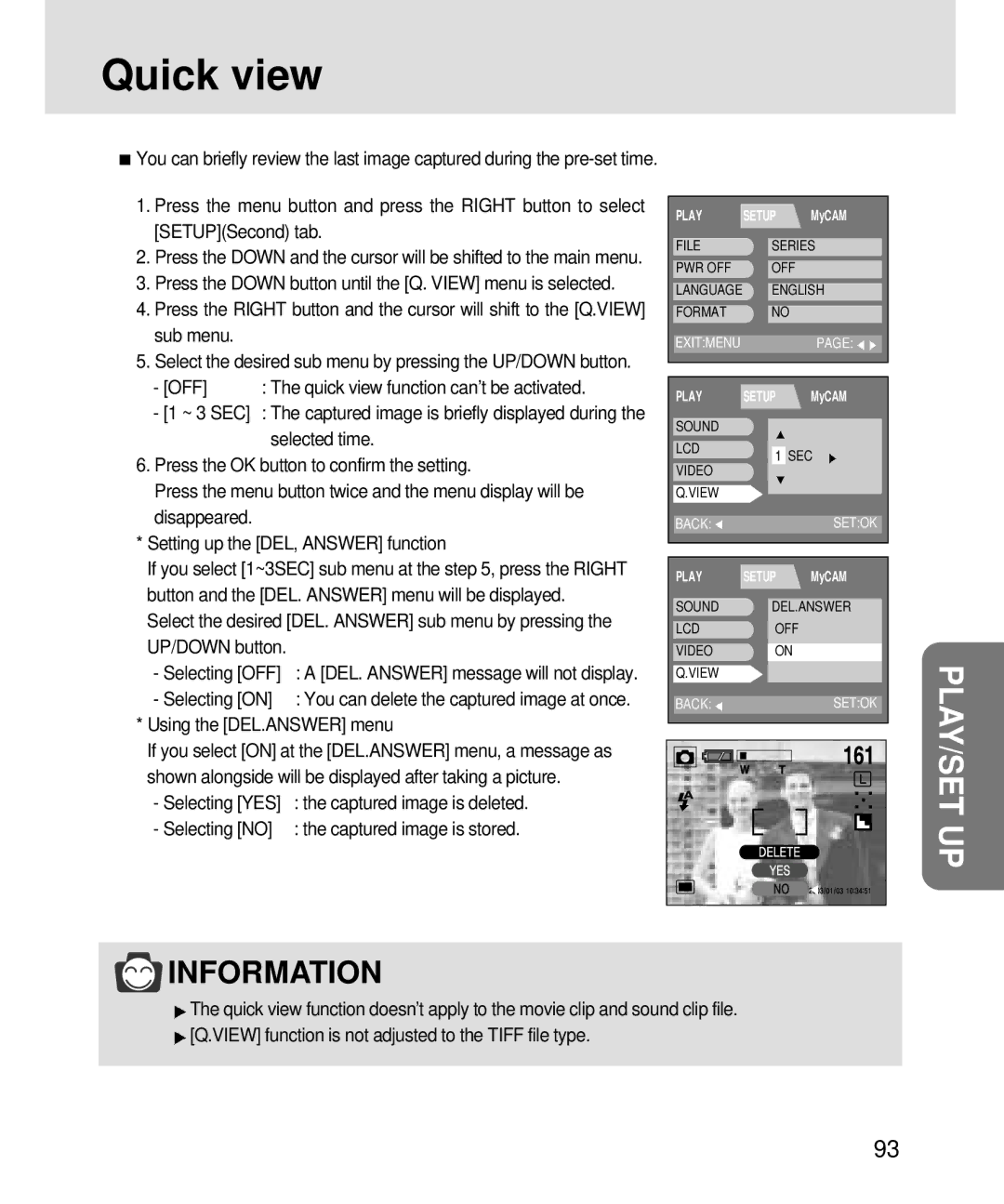 Samsung V3, 3500 manual Quick view, UP/DOWN button Selecting OFF, Selecting on, Using the DEL.ANSWER menu 