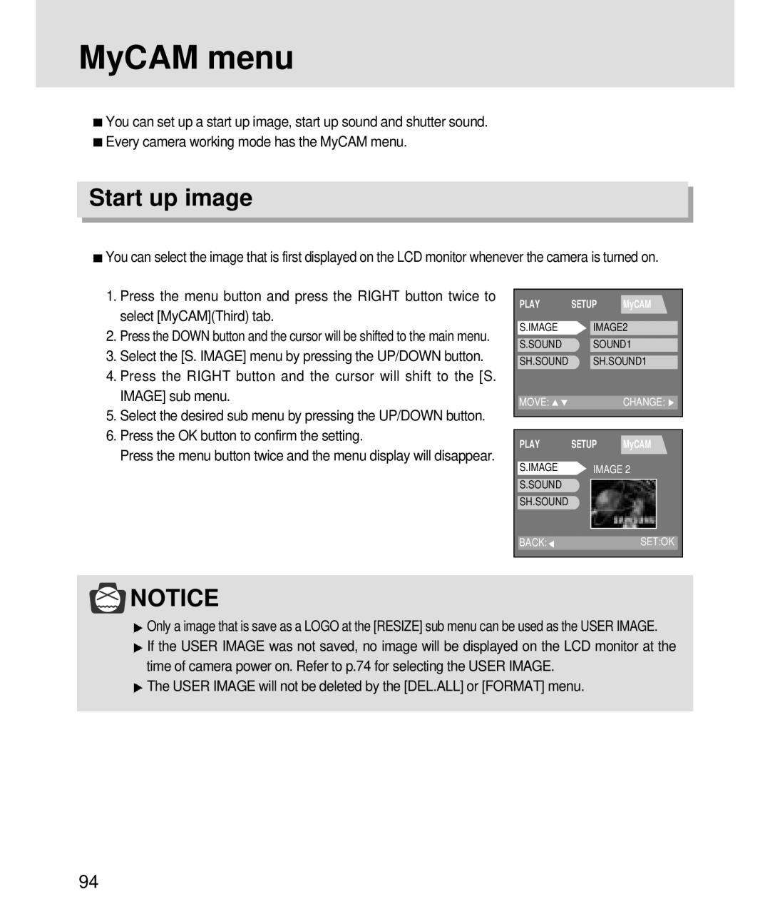 Samsung 3500, V3 manual MyCAM menu, Start up image 