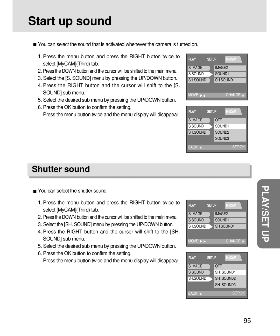 Samsung V3, 3500 manual Start up sound, Shutter sound 